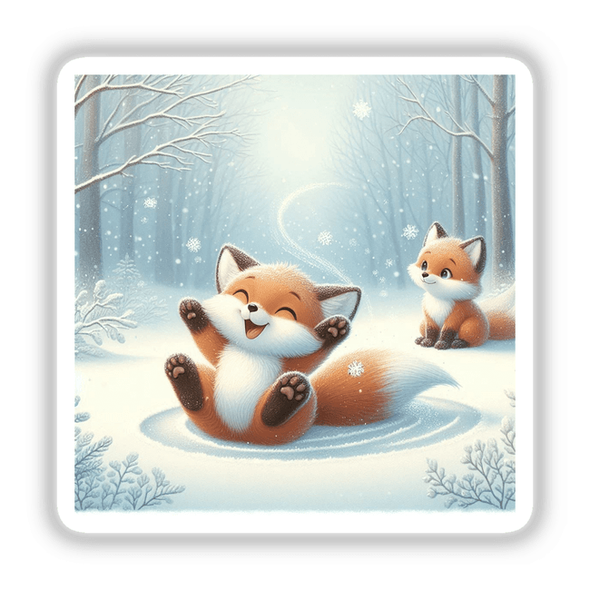 Two Foxes Playing: Cartoon depiction of two playful foxes in a snowy winter scene, available as stickers or digital artwork from Decal Venue's unique collection.