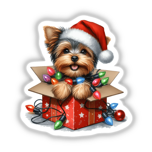 Christmas Lights Santa Yorkie in Gift Box III features a cute Yorkie wearing a Santa hat, adorned with festive lights, sitting in a gift box, available as stickers or digital artwork.