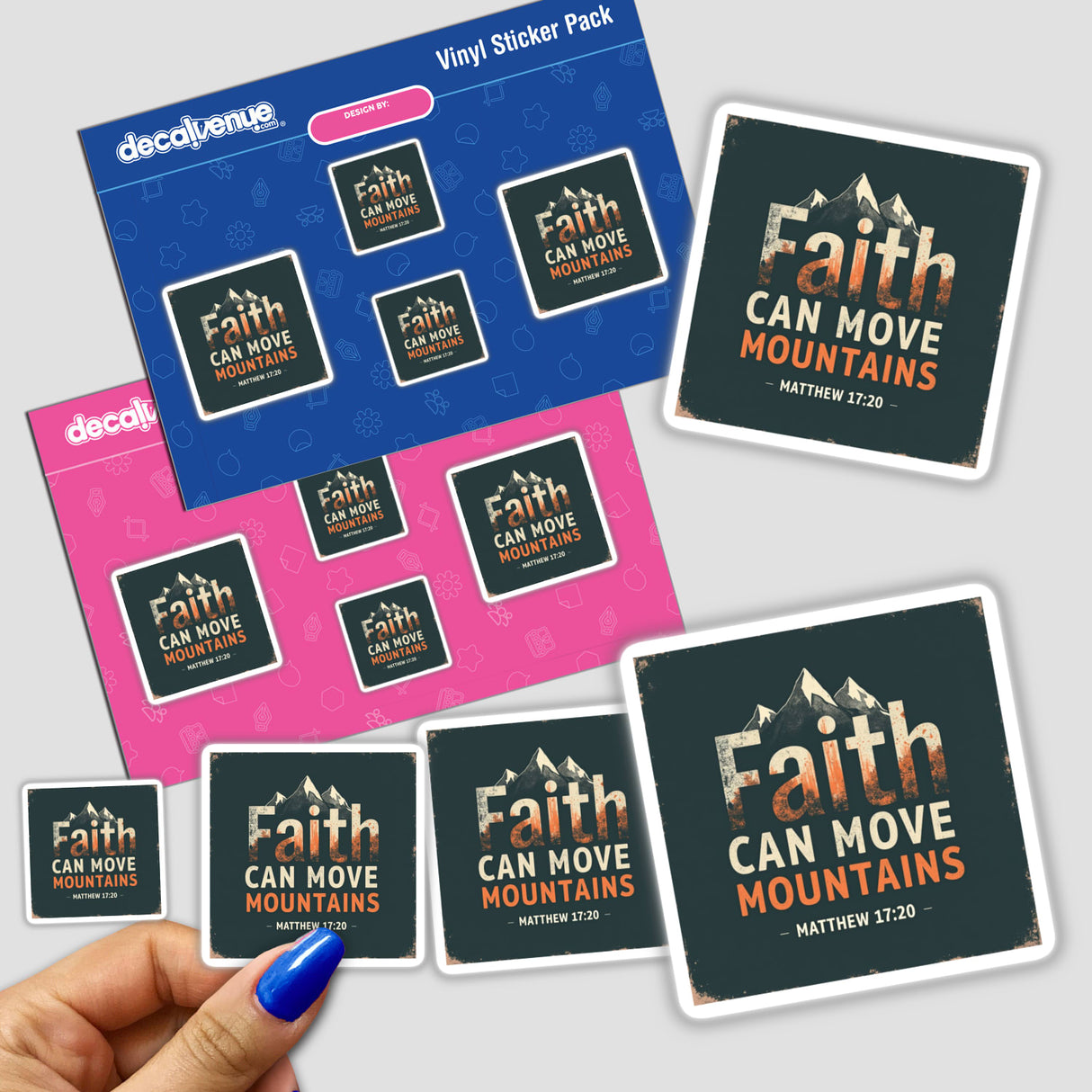 Hand holding a sticker pack titled Faith Can Move Mountains, featuring uplifting Christian affirmation design inspired by Matthew 17:20. Available as stickers or digital artwork with commercial rights.