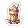 Creamy Frappachino coffee drink with whipped cream, colorful design, and fall leaves