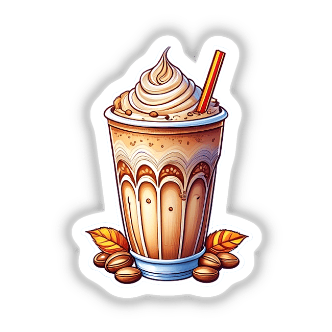 Creamy Frappachino coffee drink with whipped cream, colorful design, and fall leaves