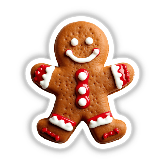 Gingerbread Man Christmas Holiday Cheer Cookie Design featuring intricate white and red frosting details, available as stickers or digital artwork.