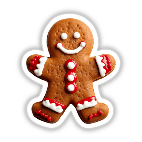 Gingerbread Man Christmas Holiday Cheer Cookie Design featuring intricate white and red frosting details, available as stickers or digital artwork.