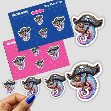 Pirate Chameleon with a Skull Hat and Colorful Scales sticker, featuring a whimsical chameleon donning a pirate hat. Perfect for vinyl sticker enthusiasts or digital art collectors.