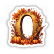 Fall Aesthetic Letter O Clipart | Stickers or Download with Commercial Rights featuring a gold letter O adorned with pumpkins, leaves, and flowers.