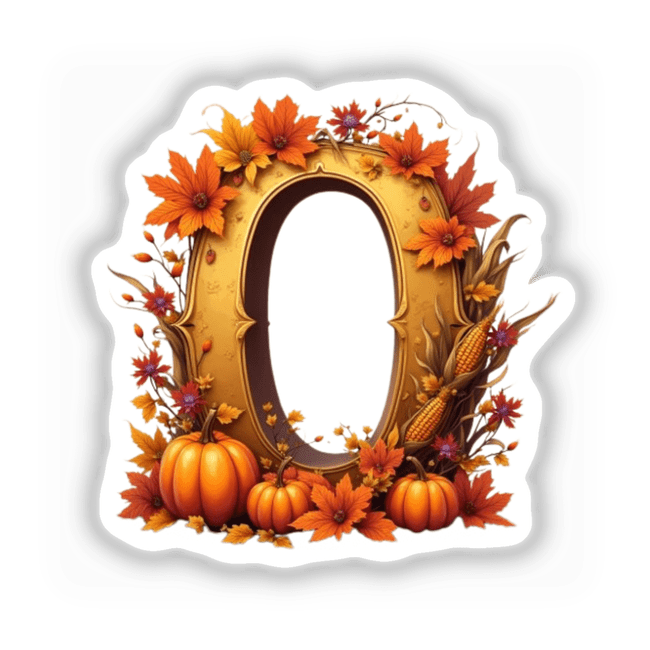 Fall Aesthetic Letter O Clipart | Stickers or Download with Commercial Rights featuring a gold letter O adorned with pumpkins, leaves, and flowers.