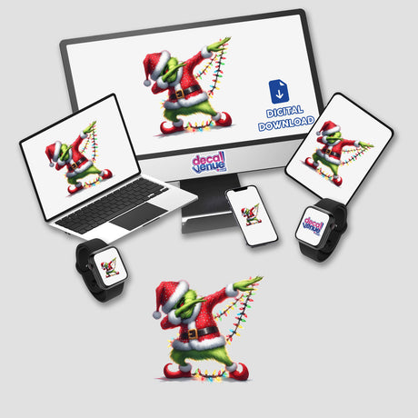 Dabbing w/Christmas Lights Green Grouch in Santa Outfit displayed on multiple devices, available as stickers or digital artwork. The image shows the character holding a string of lights.