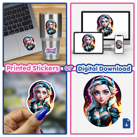 Collage featuring An Evil Queen Anime Girl character in various cartoon styles, available as stickers or digital artwork from Decal Venue, known for unique vinyl stickers and digital art.