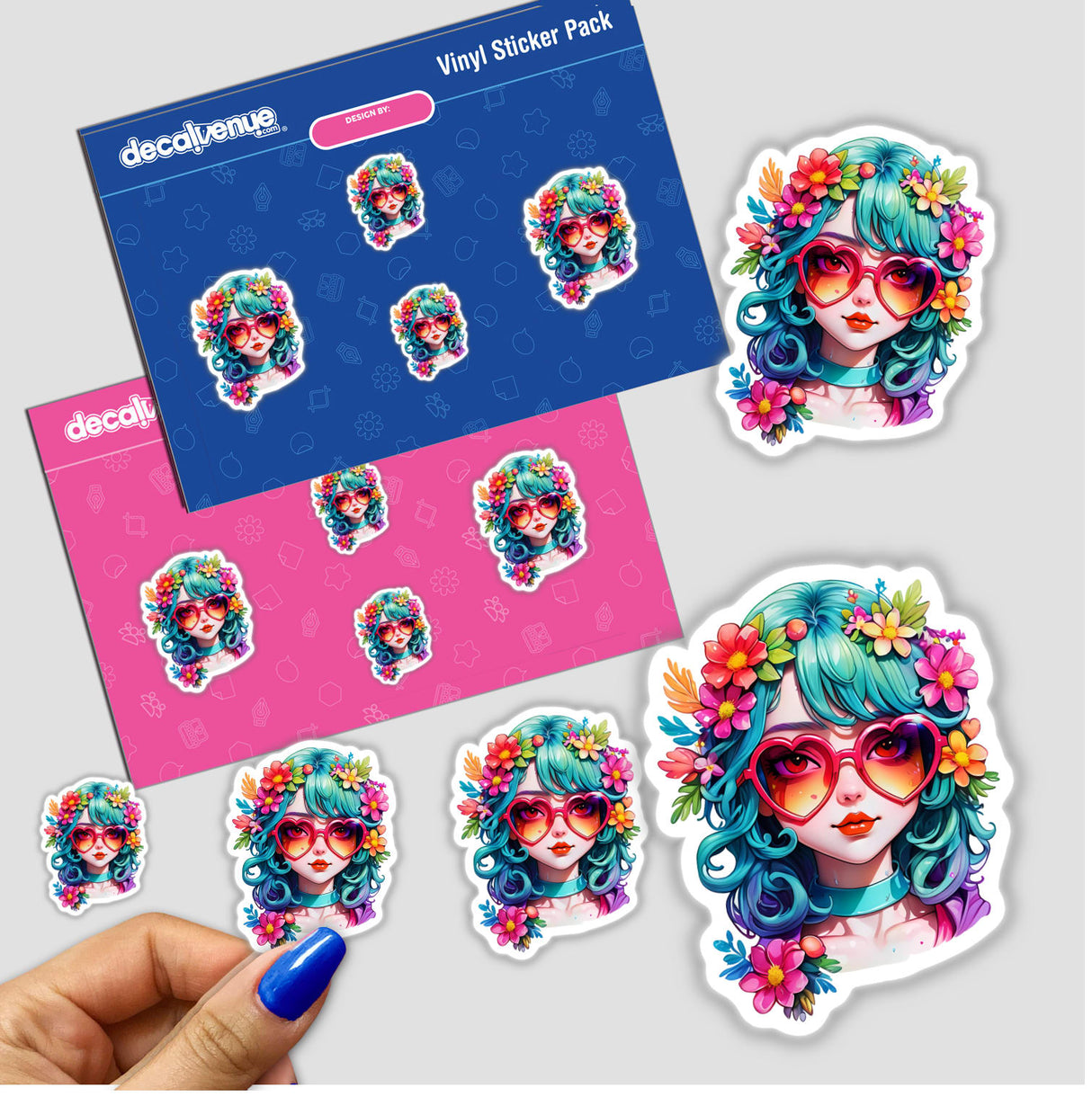 Adorable Girl in Heart Sunglasses Sticker - Trendy Kawaii Fashion Design featuring a cartoon girl with flowers in her hair and heart-shaped sunglasses, perfect for adding a cute touch to any surface.