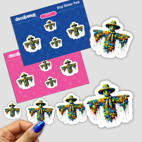 Trippy Scarecrow with Melting Colors – Vibrant Abstract Design depicted as a sticker featuring a colorful, cartoonish scarecrow.