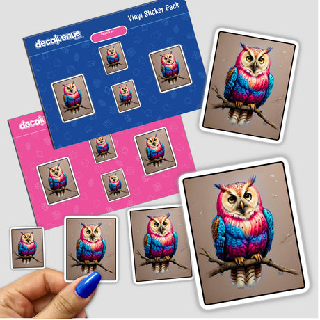 Owl of many colors sticker, featuring a vibrant owl on a branch, held in hand. Available as stickers or digital artwork from Decal Venue, known for unique designs.