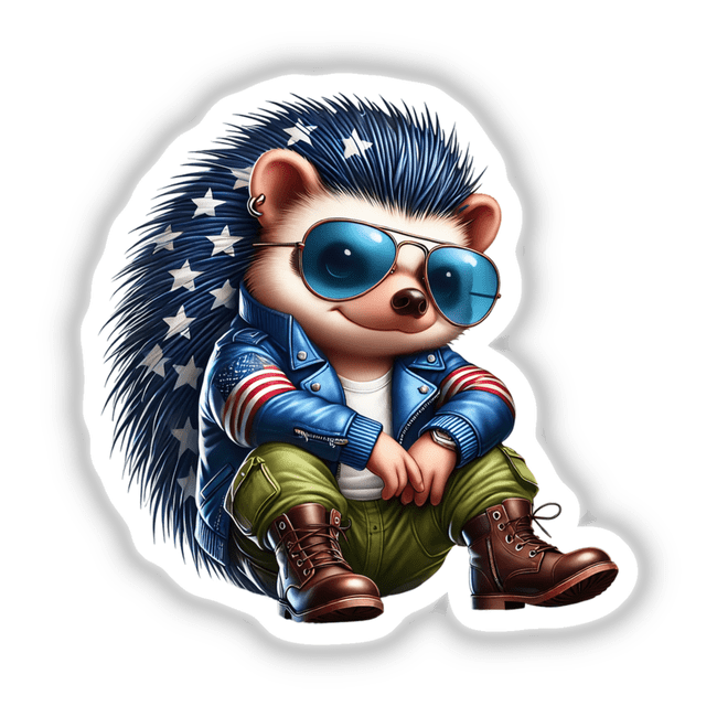 Patriotic Leather Hedgehog Aviator Sunglasses: Cartoon hedgehog in sunglasses and a jacket, ideal as stickers or digital artwork.