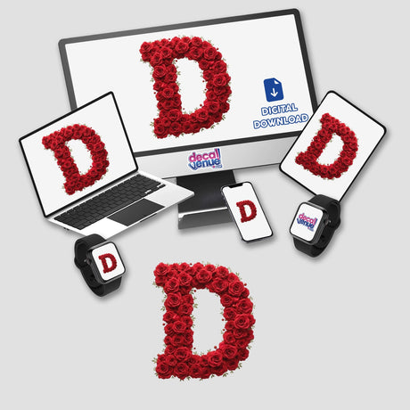 Elegant Floral Letter D Clipart - Downloadable Sticker with Commercial Rights, featuring a laptop and computer screen displaying a rose-crafted letter D, ideal for digital artwork or sticker use.