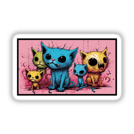 Crazy Psycho Cat Crew illustration featuring a group of cartoon cats with large eyes, available as stickers or digital artwork, embodying Decal Venue's unique flair for playful and quirky designs.