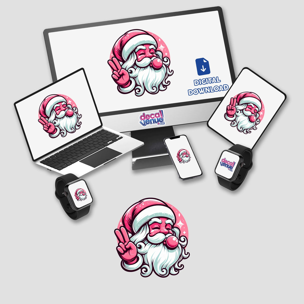 Peace Out Retro Pink Bubblegum Santa Claus depicted on a computer screen; available as unique stickers or digital artwork, showcasing a playful cartoon style typical of Decal Venue's collection.