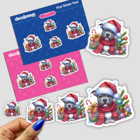 Christmas Pitbull Dog in Santa Hat III sticker featuring a cartoon dog in a Santa hat and scarf, part of a festive sticker pack. Available as stickers or digital artwork.