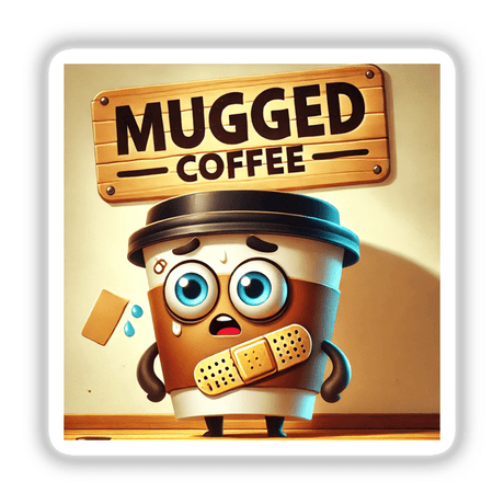 Mugged Coffee features a cartoon coffee cup character with a bandage around its neck, available as unique stickers or digital artwork from Decal Venue, known for creative designs.