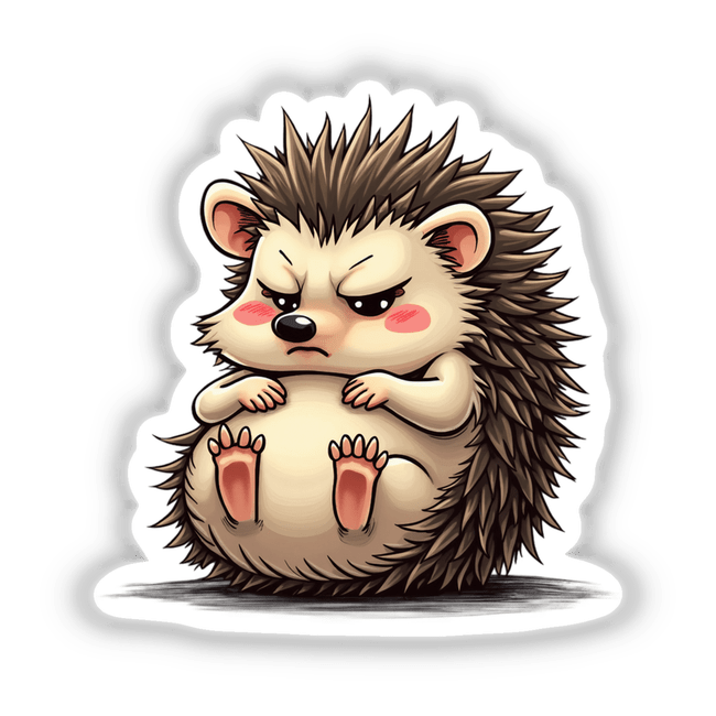 Cute Grumpy Hedgehog Cartoon Art featuring a detailed illustration of a hedgehog's face with a grumpy expression, available as stickers or digital artwork.