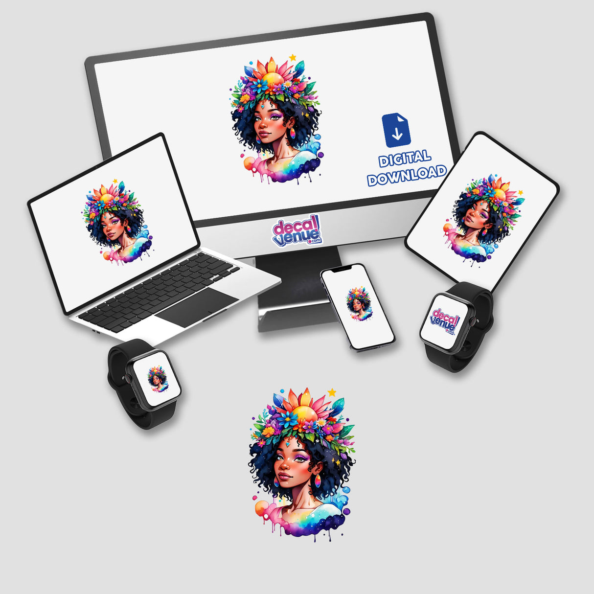 Ethereal Floral Crown Chakra Watercolor Sticker - Boho Black Woman Portrait featuring a woman with flowers on her head displayed on various devices, highlighting its versatility as stickers or digital artwork.