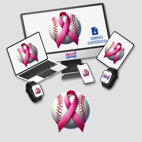 Baseball Ball Pink Ribbon Breast Cancer design, available as stickers or digital artwork, featuring a laptop and cellphone with pink ribbons on screens.