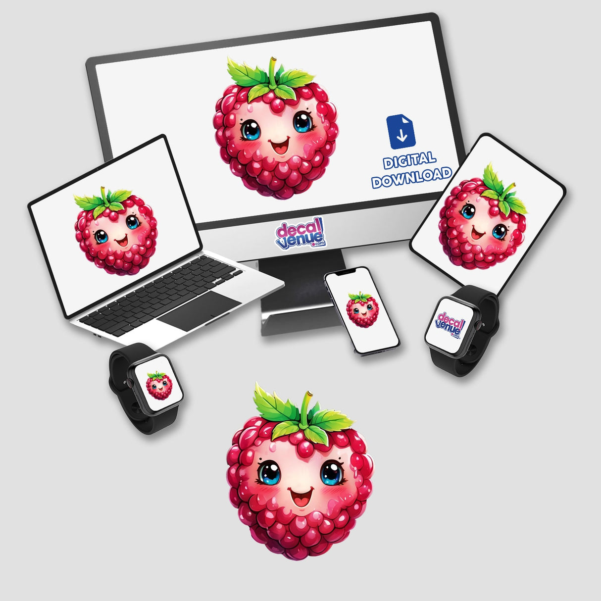 Smiling Raspberry Delight: A laptop and computer monitor with cartoon raspberry faces, featured as stickers or digital artwork.