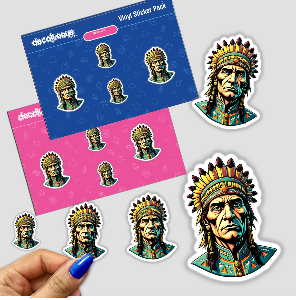 A Native American Warrior Chief sticker features a man in a colorful headdress, available as both a sticker and digital artwork.