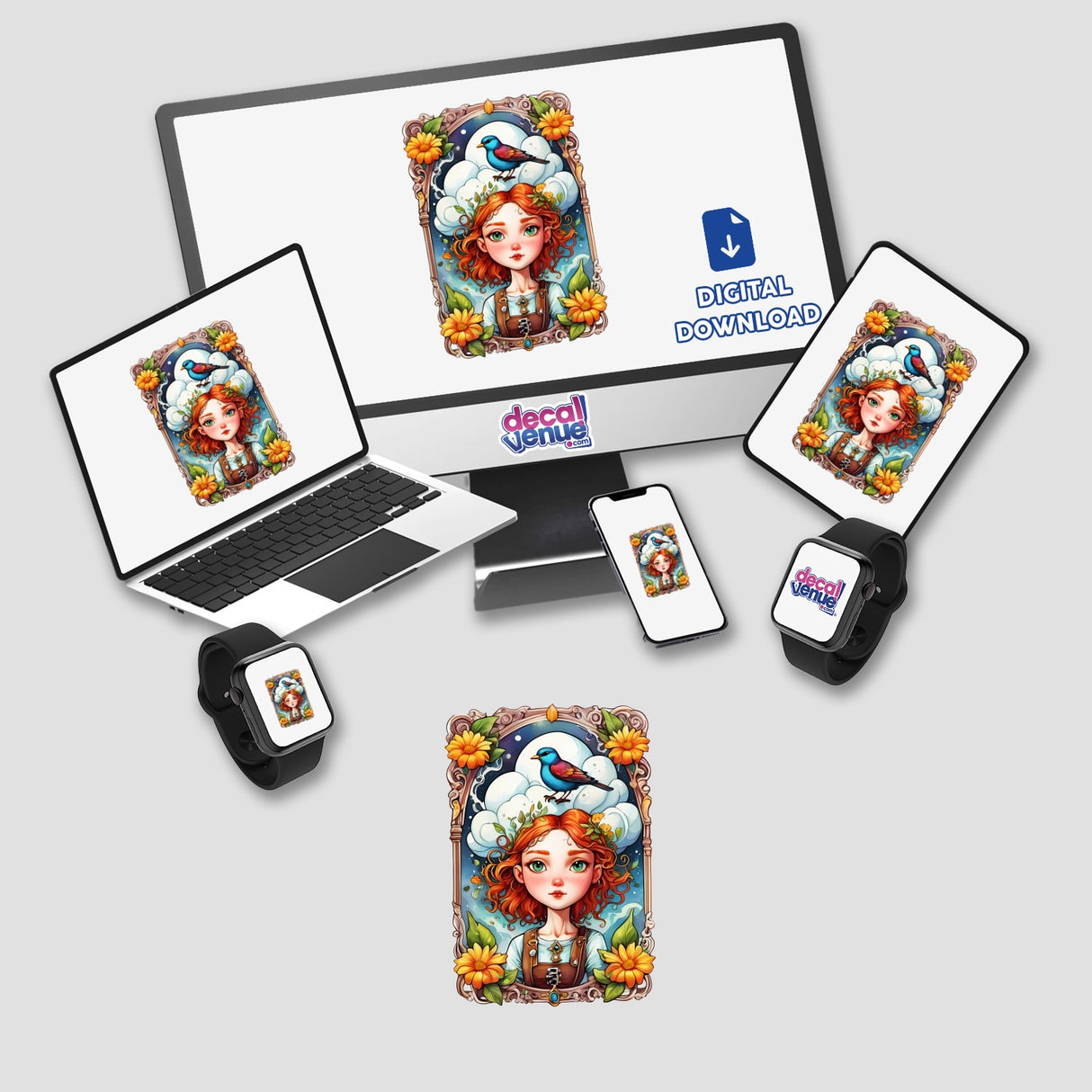 Mystical Tarot Card Girl Sticker featuring a cartoon girl with red hair and a bird on her head, displayed on a computer monitor and laptop, ideal for tarot fans and digital art enthusiasts.