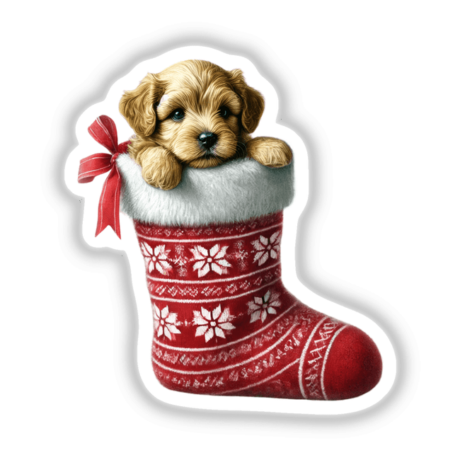 Puppy Peeking Out of Christmas Stocking, showcasing a cute puppy nestled in a red and white Christmas stocking, perfect as stickers or digital artwork from Decal Venue.