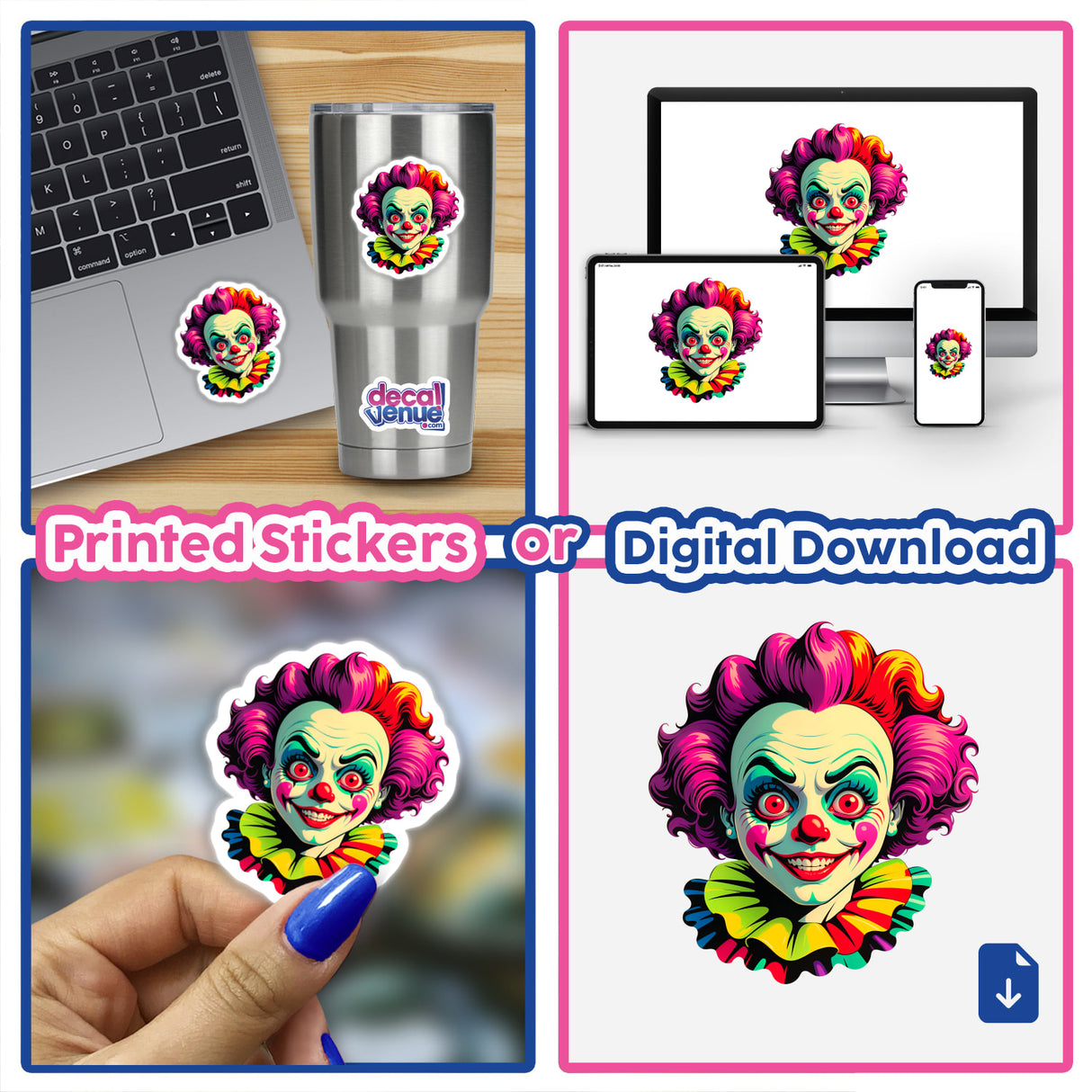 Collage featuring a laptop adorned with A Crazy Clown Girl sticker, showcasing a cartoon clown face with vivid pink hair, available as a unique sticker or digital artwork from Decal Venue.