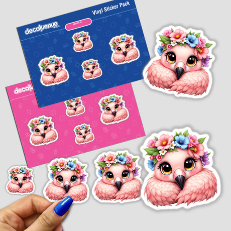 Charming Flamingo with a Flower Crown sticker features a cartoon bird adorned with flowers. Highlighting unique designs, this sticker perfectly embodies Decal Venue's flair for exceptional stickers and digital art.