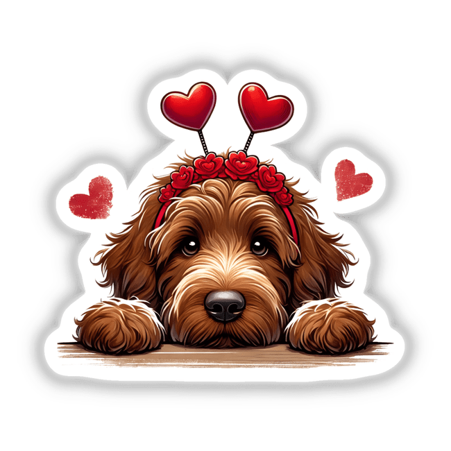 Peeking Brown Valentine Goldendoodle Dog illustration featuring a dog with heart decorations and a flower crown, available as stickers or digital artwork from Decal Venue.