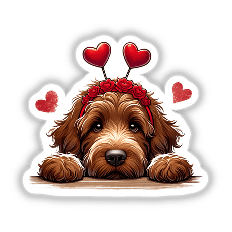 Peeking Brown Valentine Goldendoodle Dog illustration featuring a dog with heart decorations and a flower crown, available as stickers or digital artwork from Decal Venue.