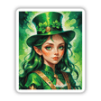 A Cute St. Patrick's Day Girl cartoon featuring a woman in a green hat and dress, perfect as a sticker or digital artwork for festive decorations.