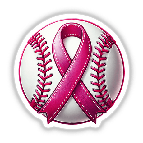 Baseball Pink Ribbon Breast Cancer sticker featuring a pink ribbon wrapped around a baseball, symbolizing support for breast cancer awareness. Available as stickers or digital artwork.