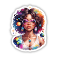 Sticker Design: Afro Hippie Woman with Jewelry and Glasses, Floating in Space Surrounded by Stars and Planets.