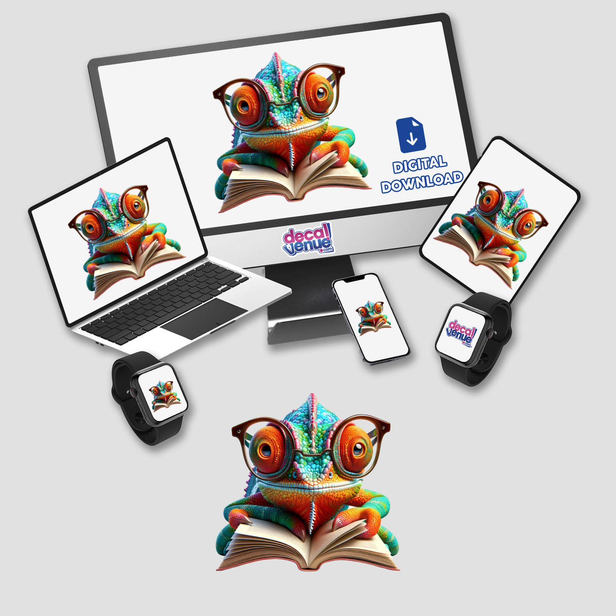 Chameleon With Reading Glasses Open Book design, featuring a colorful chameleon reading, available as stickers and digital art, perfect for adding quirky charm to any space.