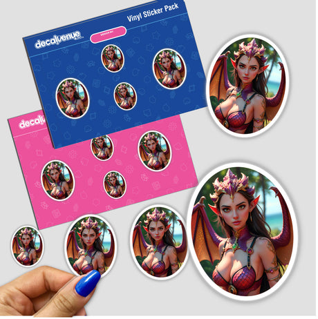 Stickers depicting A Beautiful Fantasy Dragon Girl with wings and a crown, available as vinyl stickers or digital artwork from Decal Venue.