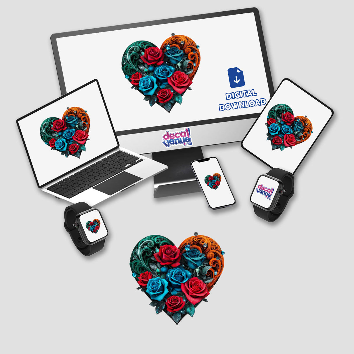 Floral Heart with Red and Blue Roses displayed on a computer monitor and laptop screen, available as stickers or digital artwork from Decal Venue, featuring vibrant floral designs.