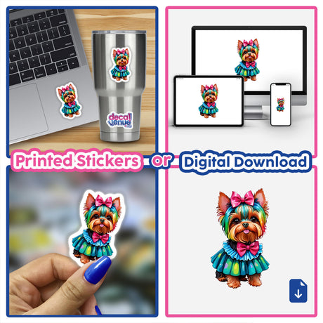 Yorkie Chic: Cute dog in a rainbow floral dress sticker on a laptop, cup, and as digital artwork, showcasing versatile uses.