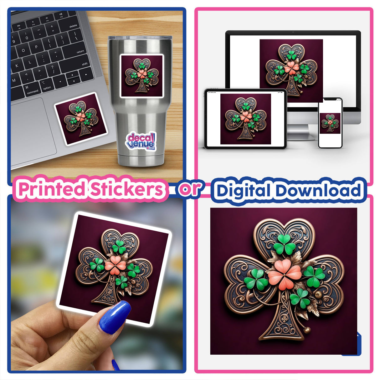 Ornate Shamrock – Bronze Clover with Green and Coral Floral Accents featured on various items including a laptop, phone, and canvas, illustrating its versatility as stickers or digital artwork.