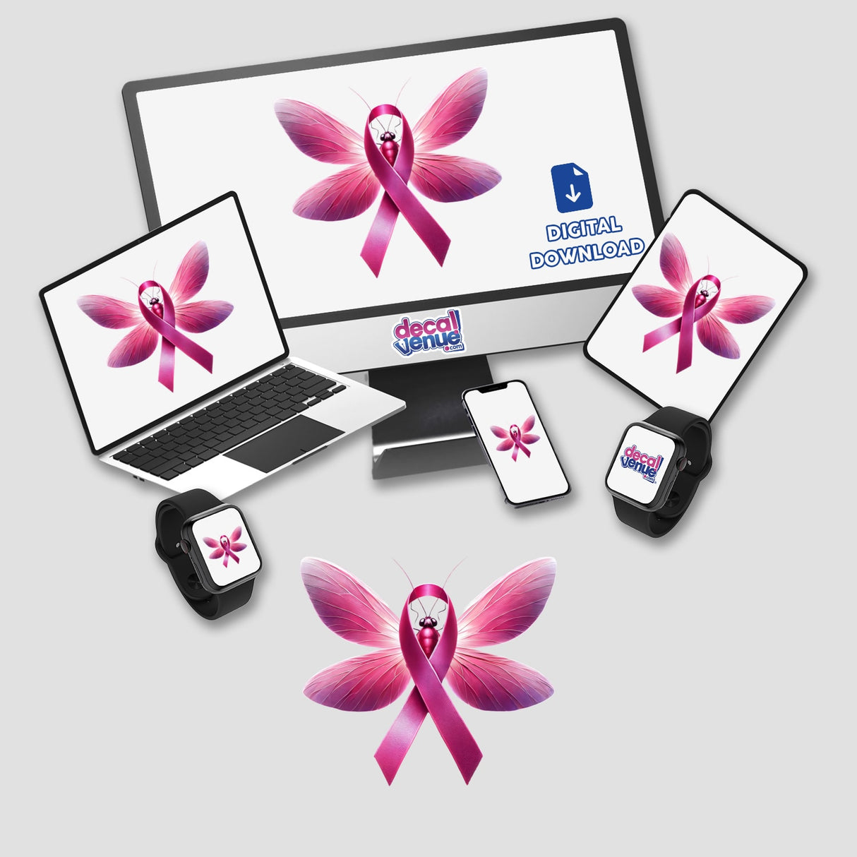 Firefly Pink Ribbon Breast Cancer: computer monitor and laptop displaying pink ribbons, available as stickers or digital artwork.