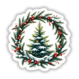 Snow-Covered Pine Tree in a Christmas Wreath, depicted as a sticker or digital artwork, showcasing a festive holiday ornament with a snow-dusted tree encircled by a decorative wreath.