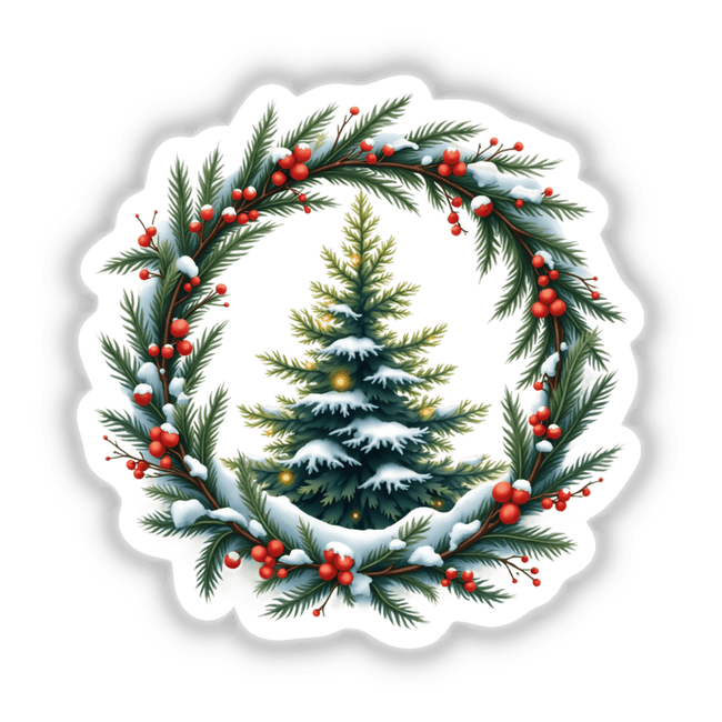 Snow-Covered Pine Tree in a Christmas Wreath, depicted as a sticker or digital artwork, showcasing a festive holiday ornament with a snow-dusted tree encircled by a decorative wreath.