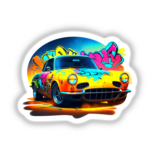 A Classic Graffiti Car sticker, showcasing a vibrant car adorned with graffiti art, available as a unique vinyl sticker or digital artwork from Decal Venue.