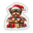 Christmas Lights Santa Yorkie in Gift Box II features a cartoon Yorkie in a festive box adorned with lights and a Santa hat, available as unique stickers or digital artwork.