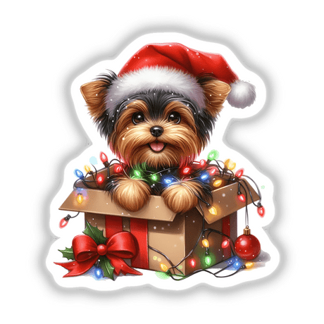 Christmas Lights Santa Yorkie in Gift Box II features a cartoon Yorkie in a festive box adorned with lights and a Santa hat, available as unique stickers or digital artwork.