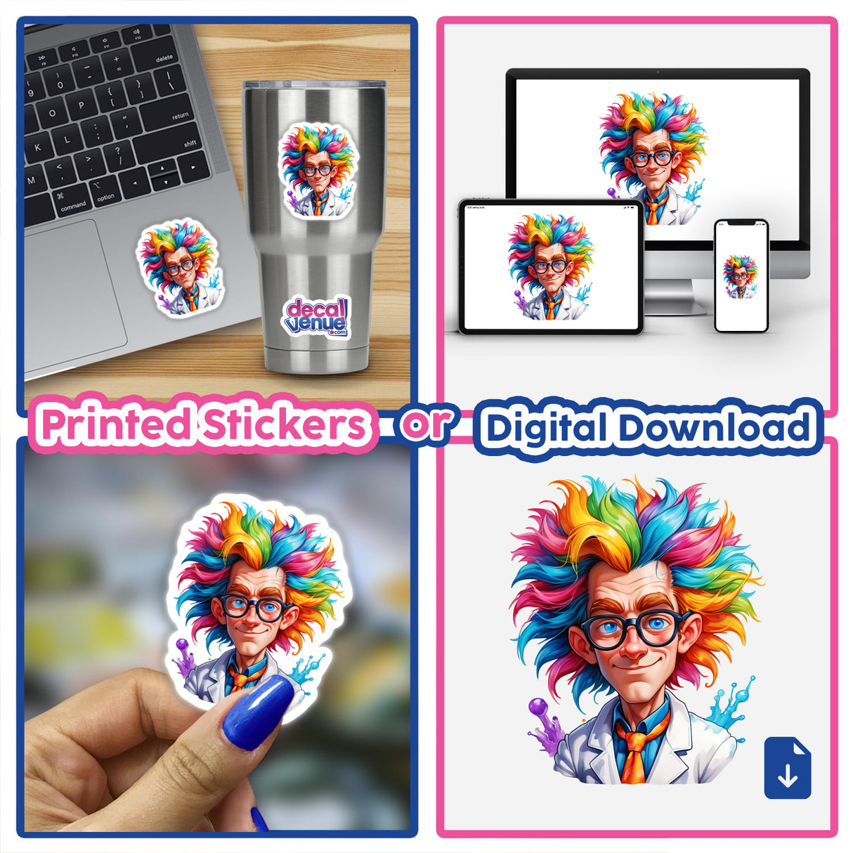 Collage featuring Mad Scientist: Eccentric Genius with Wild Rainbow Hair as stickers and digital artwork, including a laptop, cup, and painted nails adorned with the character’s vibrant image.