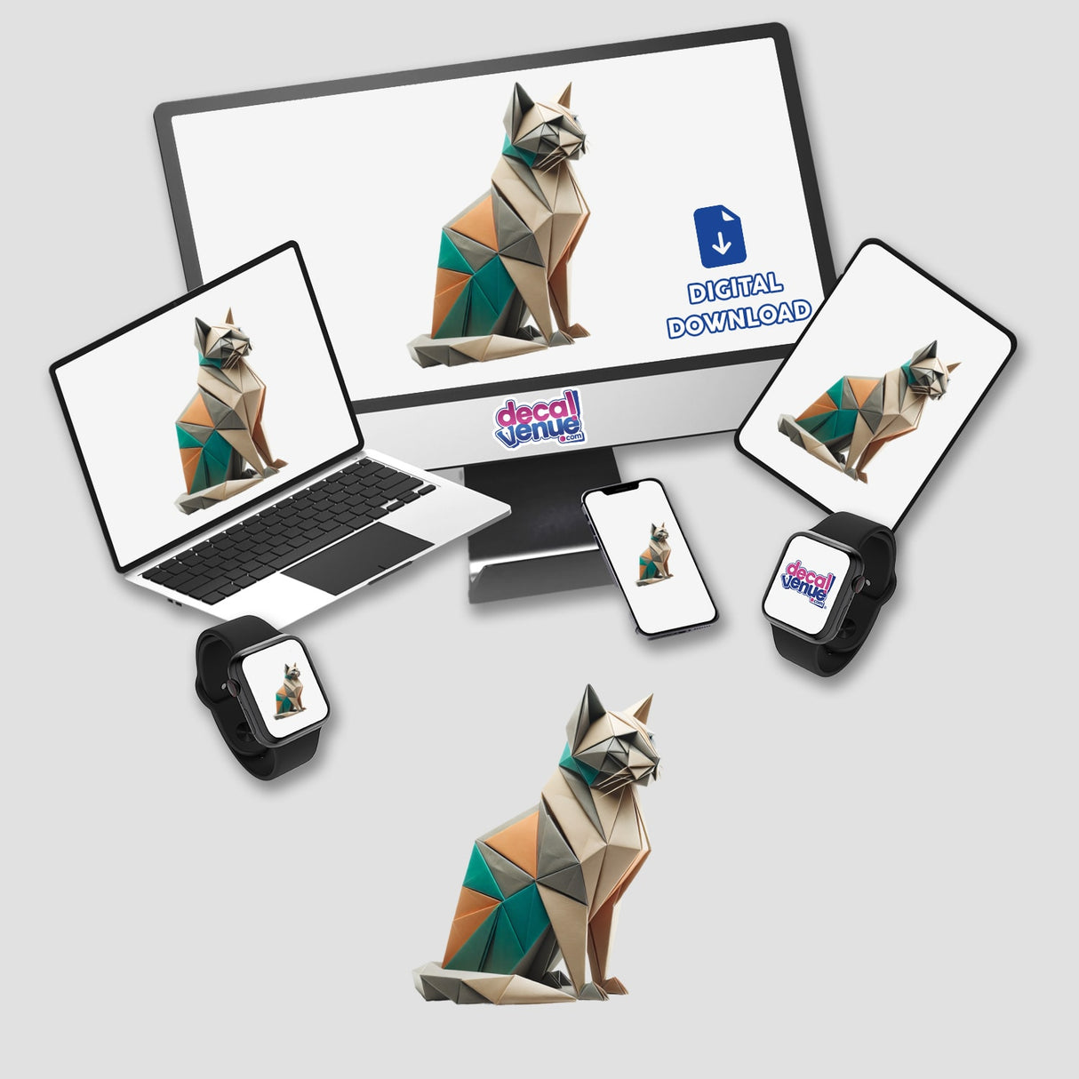 Origami Cat stickers and digital artwork featuring a paper-crafted cat displayed on various devices, including a laptop, tablet, and smartphone.