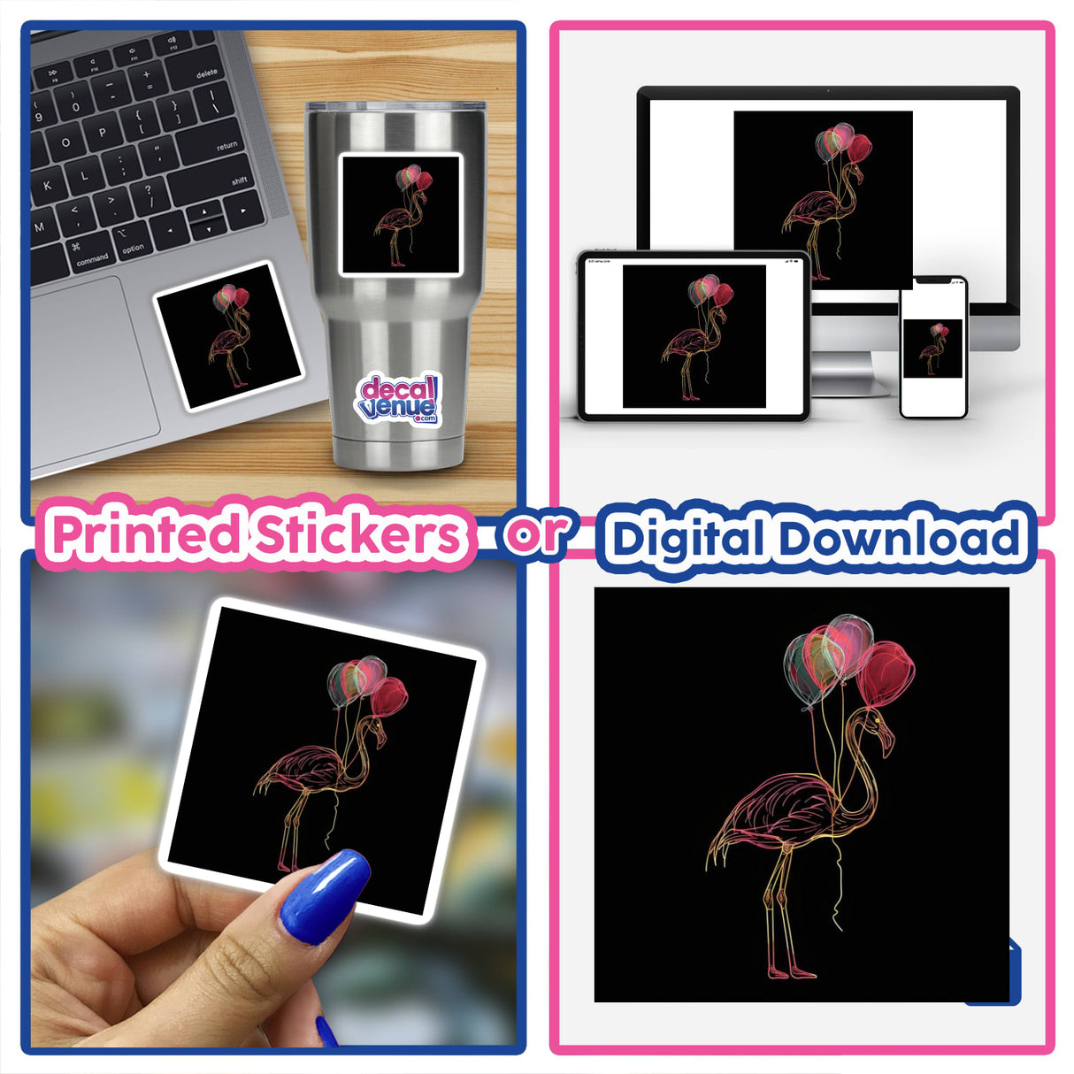 Flamingo Holding Balloons: A collage featuring a flamingo carrying balloons, displayed on devices like a laptop and phone, available as stickers or digital artwork.