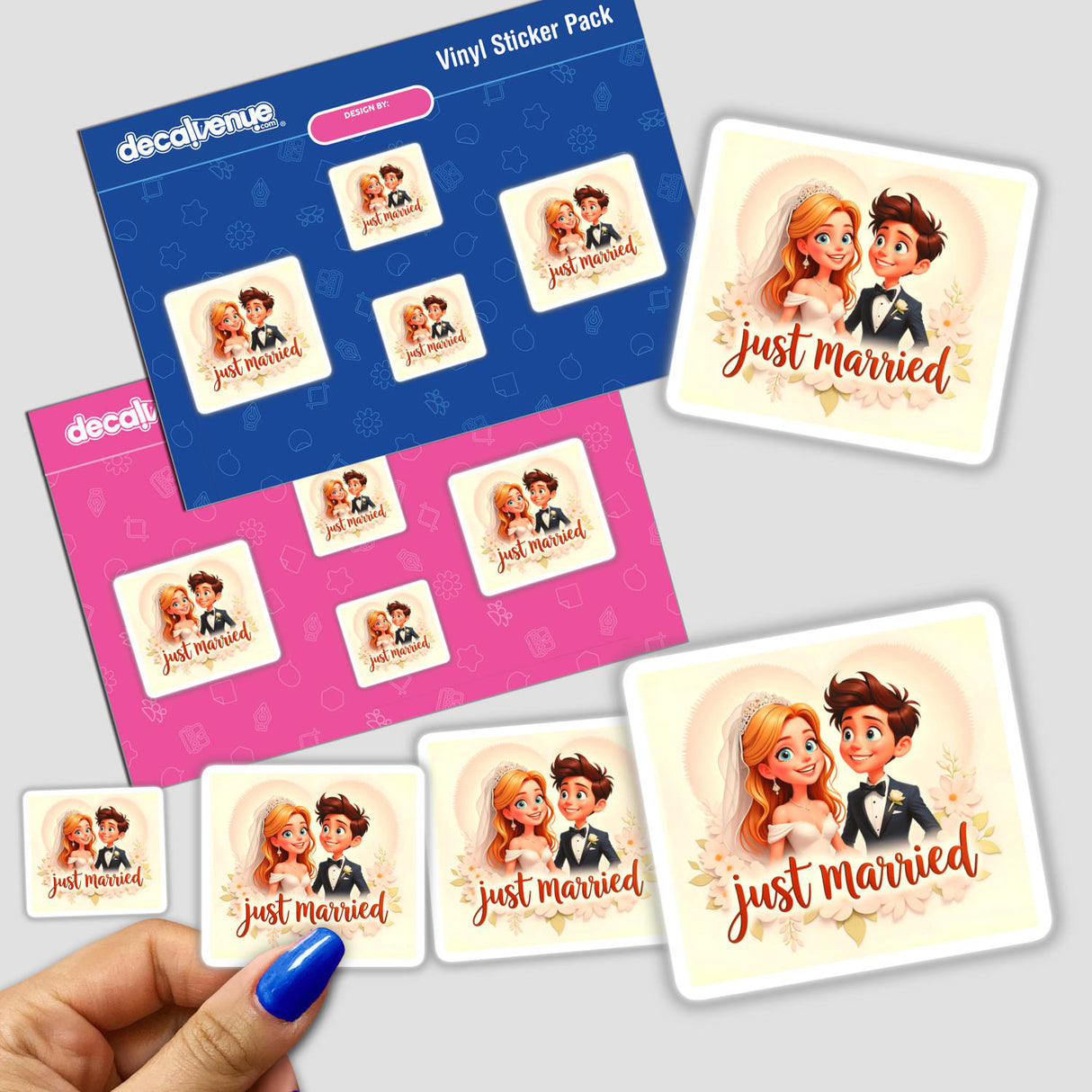 Cute bride and groom cartoon sticker, depicting a just married couple. Available as a sticker or digital artwork, perfect for adding charm to any surface.